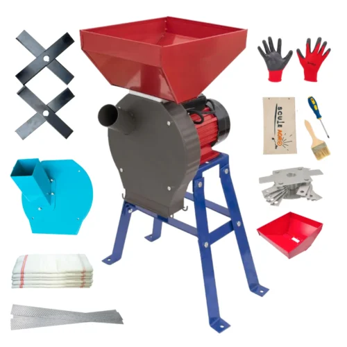 Set moara electrica cereale 3 in 1 PANDORA, 3.5 kW, 250 kg/ora, cuva mare, suport universal, adaptor furaje, 20 ciocanele, 4 site, 4 saci, perie, surubelnita, manusi - COBI SMART®