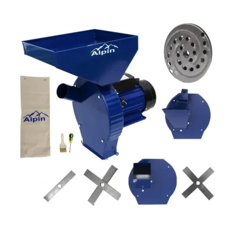 Set moara electrica cereale 4 in 1 ALPIN, 3.8 kW, 300 kg/ora, adaptor fructe si legume, adaptor furaje, 100% cupru, 20 ciocanele, 4 site, manusi protectie - COBI SMART®