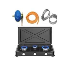 Pachet aragaz 3 ochiuri cu capac, 60x33 cm, GPL, ceas, furtun 2m, coliere, picioare antiderapante, negru - COBI SMART®