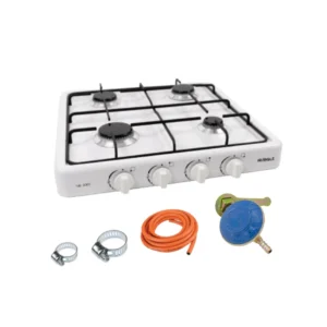 Pachet complet aragaz alb plita cu 4 ochiuri, 4.1 kW, alimentare la butelie, furtun gaz 2 m portocaliu, ceas albastru butelie rusesc, 2 coliere - COBI SMART®
