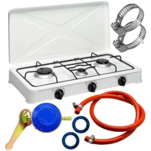 Pachet aragaz cu 3 ochiuri, utilizare GPL butelie, putere 0.9 kW, 1.6 kW, 2.3 kW, include ceas butelie, 2 m furtun, 2 coliere - COBI SMART®