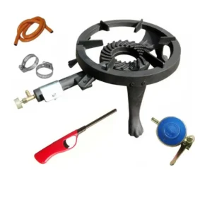 Pachet complet Arzator rotund, fonta, pentru exterior si interior, include aprinzator, ceas butelie, colier furtun gaz, furtun gaz 2 m - COBI SMART