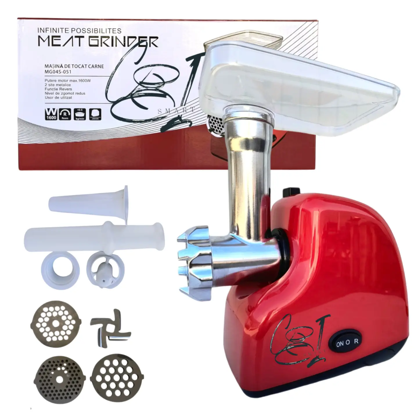 Masina de tocat carne MG04S-051, 1600 W, 3 site, carnati, chiftele, functia revers, motor cupru - COBI SMART® Masina de tocat carne MG04S-051, 1600 W, 3 site, carnati, chiftele, functia revers, motor cupru - COBI SMART®