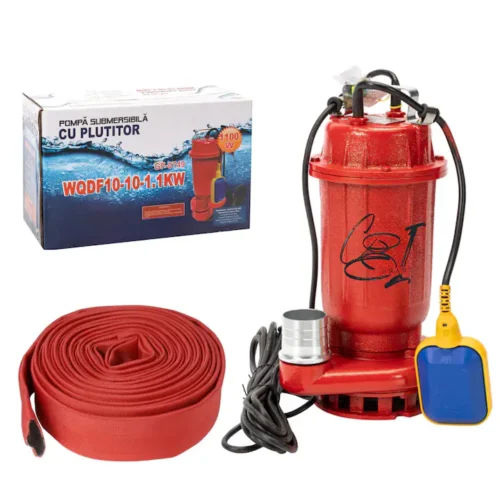 Pachet pompa submersibila cu plutitor pentru apa murdara WQD10, 1.1 KW, 1.5 CP 2850 rpm 250 l/min, include furtun pompier profesional 20 m rosu - COBI SMART®
