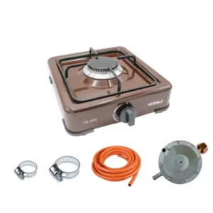 Pachet complet plita pe gaz maro 1 ochi NURGAZ, 1600 W, furtun gaz 2 m portocaliu, ceas butelie rusesc, 2 coliere - COBI SMART®