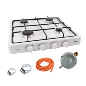 Pachet complet aragaz alb plita cu 4 ochiuri, 4.1 kW, alimentare la butelie, furtun gaz 2 m portocaliu, ceas butelie rusesc, 2 coliere - COBI SMART®
