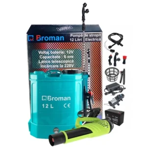 Pachet pompa de stropit electrica Broman, 12 L, regulator presiune, 3 duze, tija telescopica 65-110 cm, include atomizor electric portabil 80 W - COBI SMART®