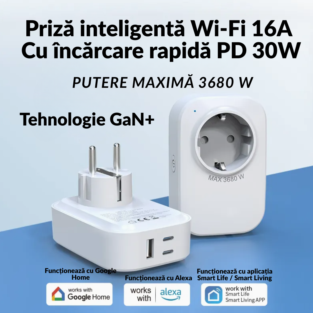 Set 4 x prize inteligente SMARTPLUG EA9 WiFi, 16A, 3680W, control Tuya, compatibila Google Assistant / Alexa, culoare alba - COBI SMART® d2036b612adf252171048ac1161acaf0