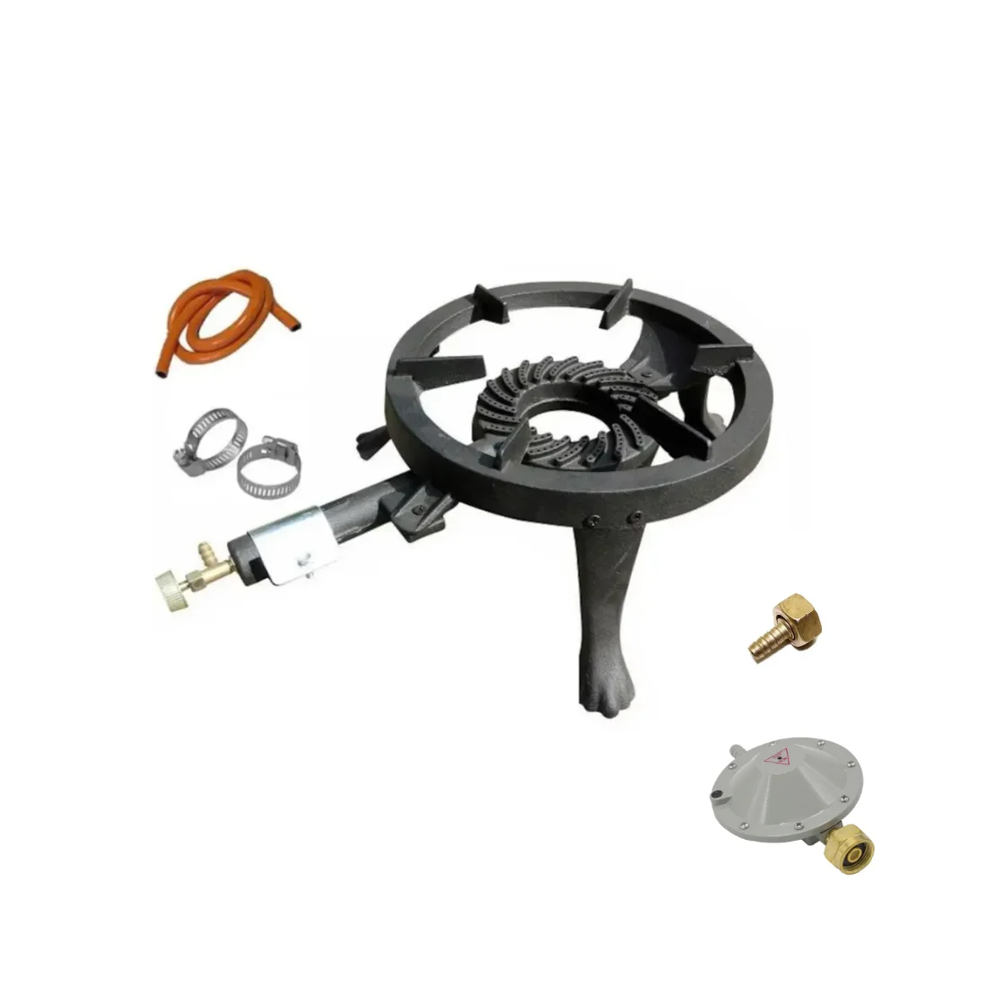 Pachet complet pirostrie, fonta mare rotunda, 3 picioare, furtun gaz 4m, robinet, ceas butelie, 2 coliere, piulita - COBI SMART® d9fff880358678561ae6e40d02ae3340