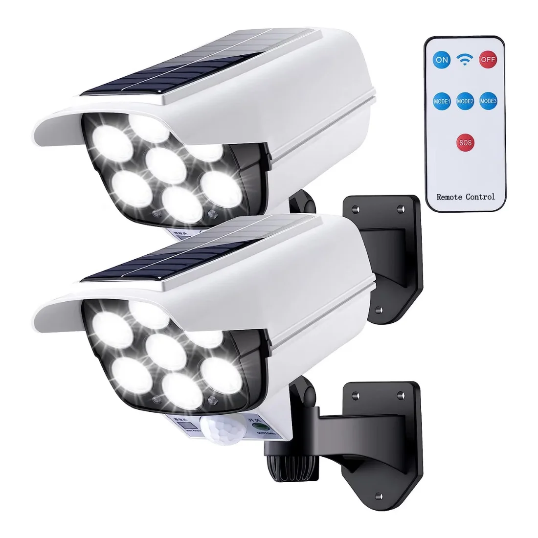Set 2 bucati lampa solara tip camera falsa, 77 LED, 50W, senzor PIR, unghi detectie 120°, IP65, panou solar, telecomanda - COBI SMART® f1b8046260ae0ac061e262f90f0758db