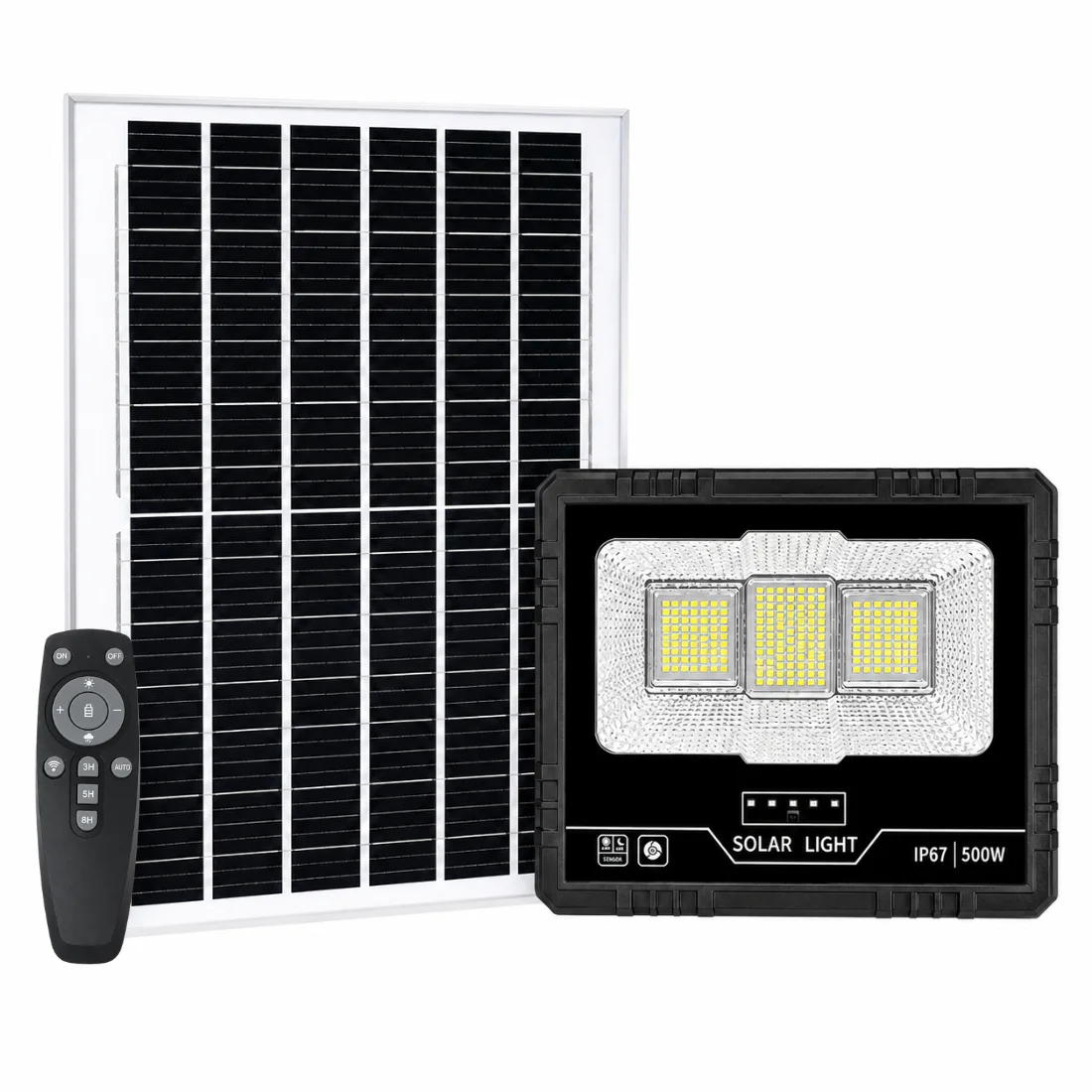 Lampa solara de exterior LED cu suport model 500W, 20W, 6V, IP67, 6500K, unghi 120°, senzor lumina, panou solar cu suport, telecomanda - COBI SMART® a9d8fc1b8f037666f06eb4cb82362b44