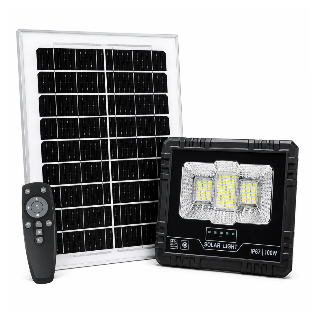 Lampa solara de exterior LED cu suport model 100W, 7.5W, 6V, IP67, 6500K, unghi 120°, senzor lumina, panou solar cu suport, telecomanda - COBI SMART® 8a1db48c03f3b76f042f3af8a20ffecd